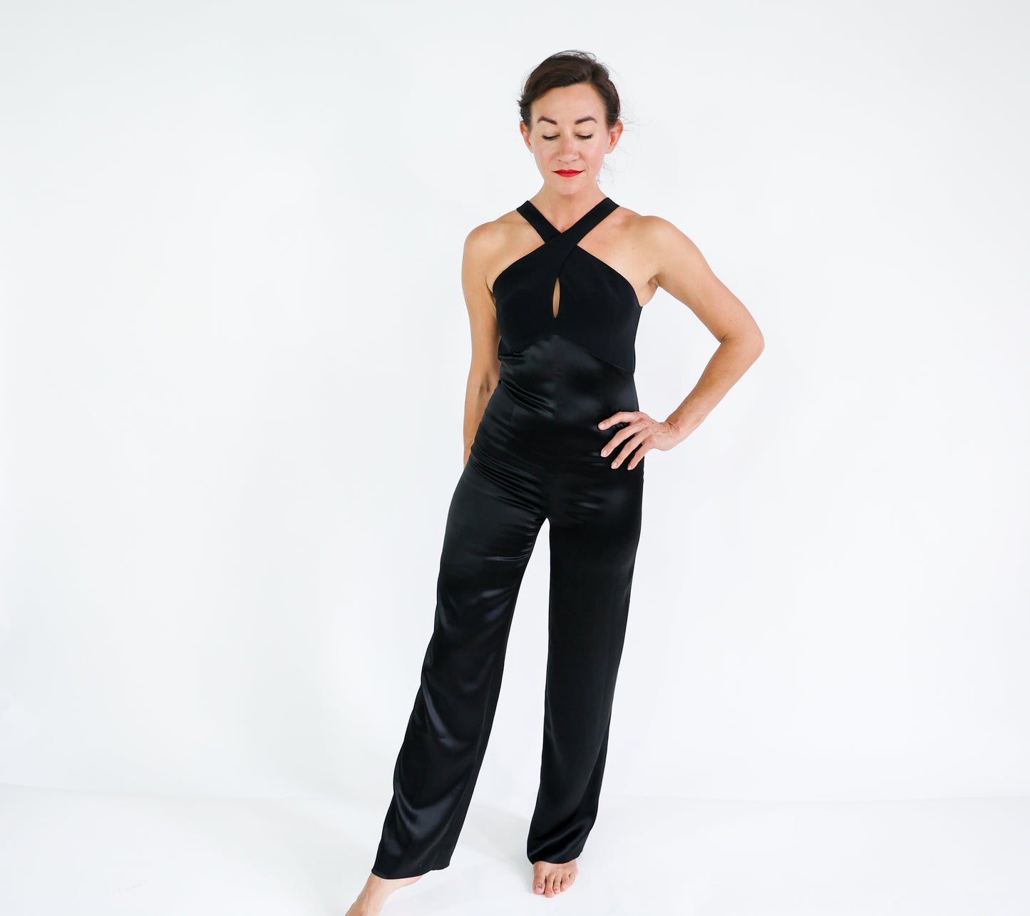 2000s Tahari Black Satin Jumpsuit, Extra Small