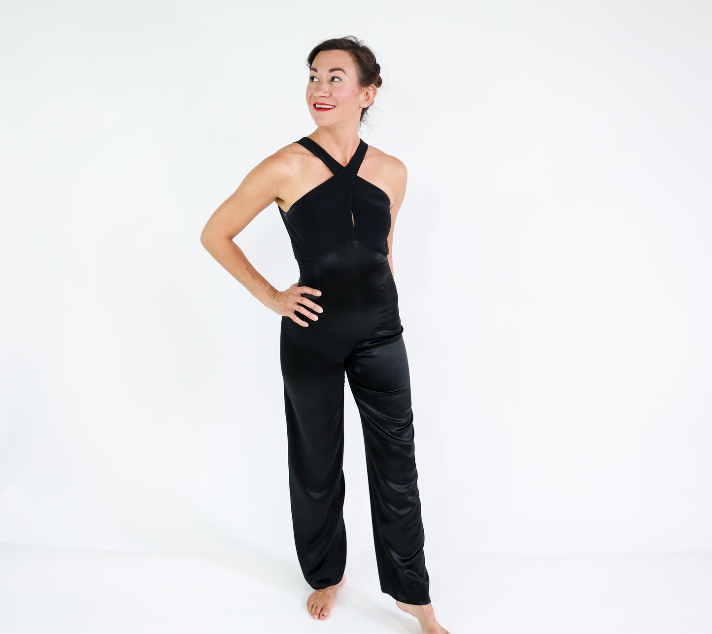 2000s Tahari Black Satin Jumpsuit, Extra Small