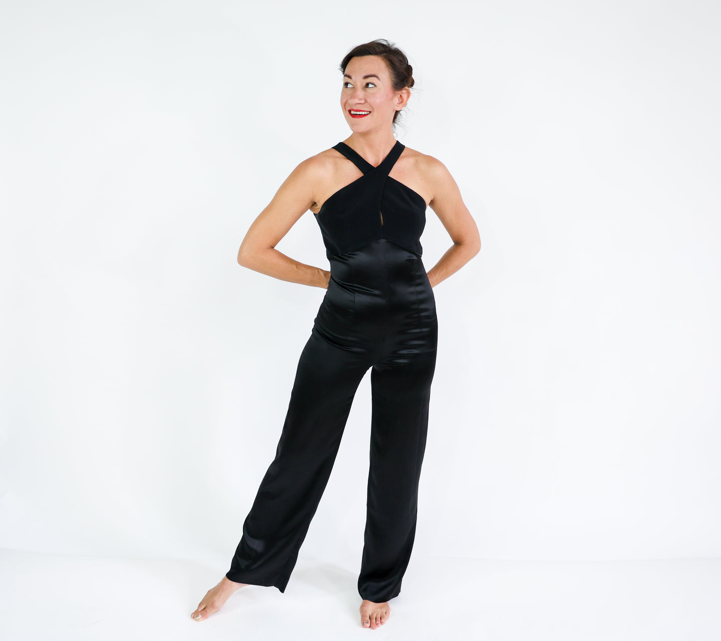 2000s Tahari Black Satin Jumpsuit, Extra Small