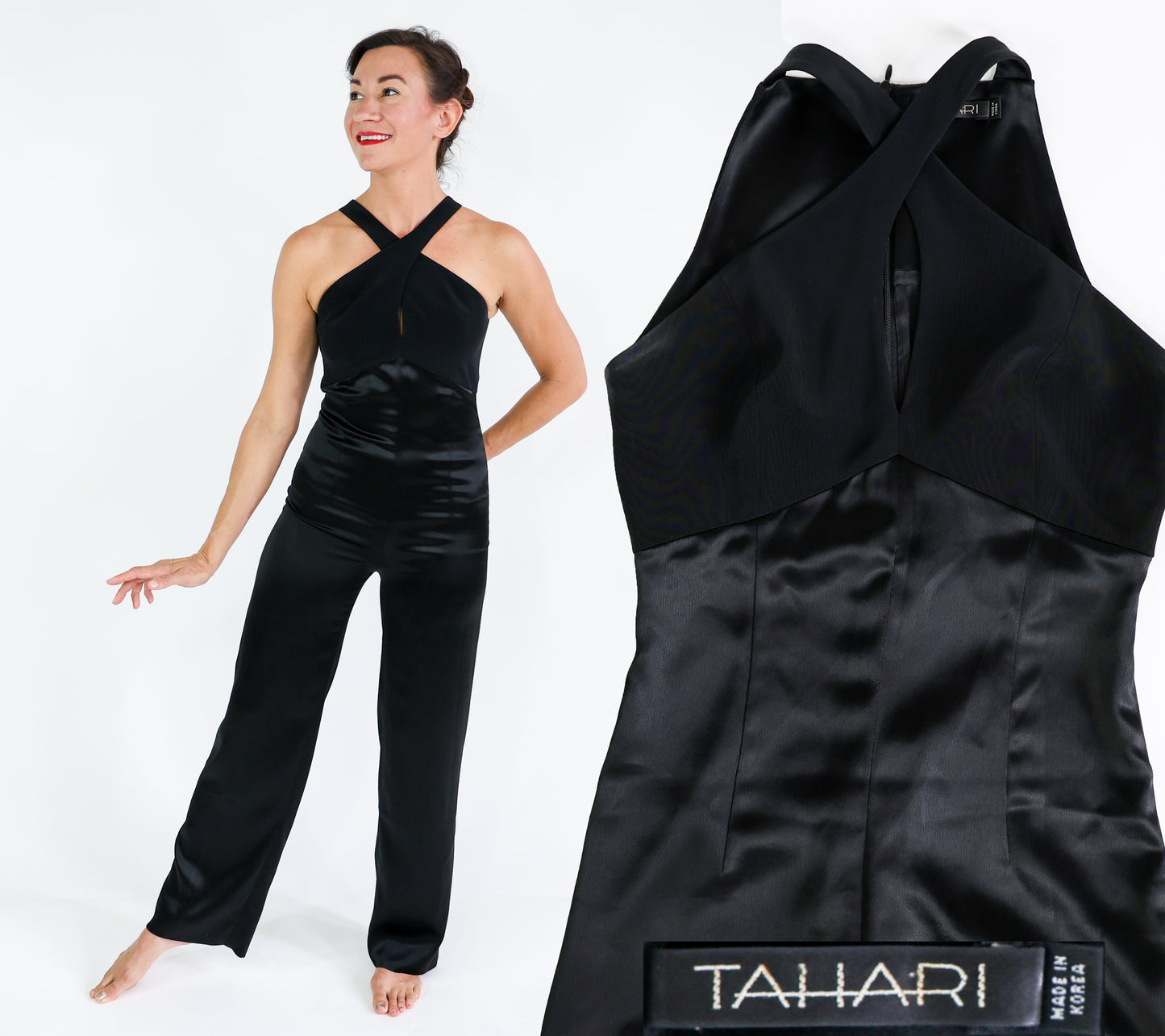 2000s Tahari Black Satin Jumpsuit, Extra Small