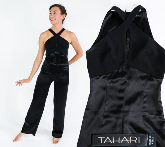 2000s Tahari Black Satin Jumpsuit, Extra Small