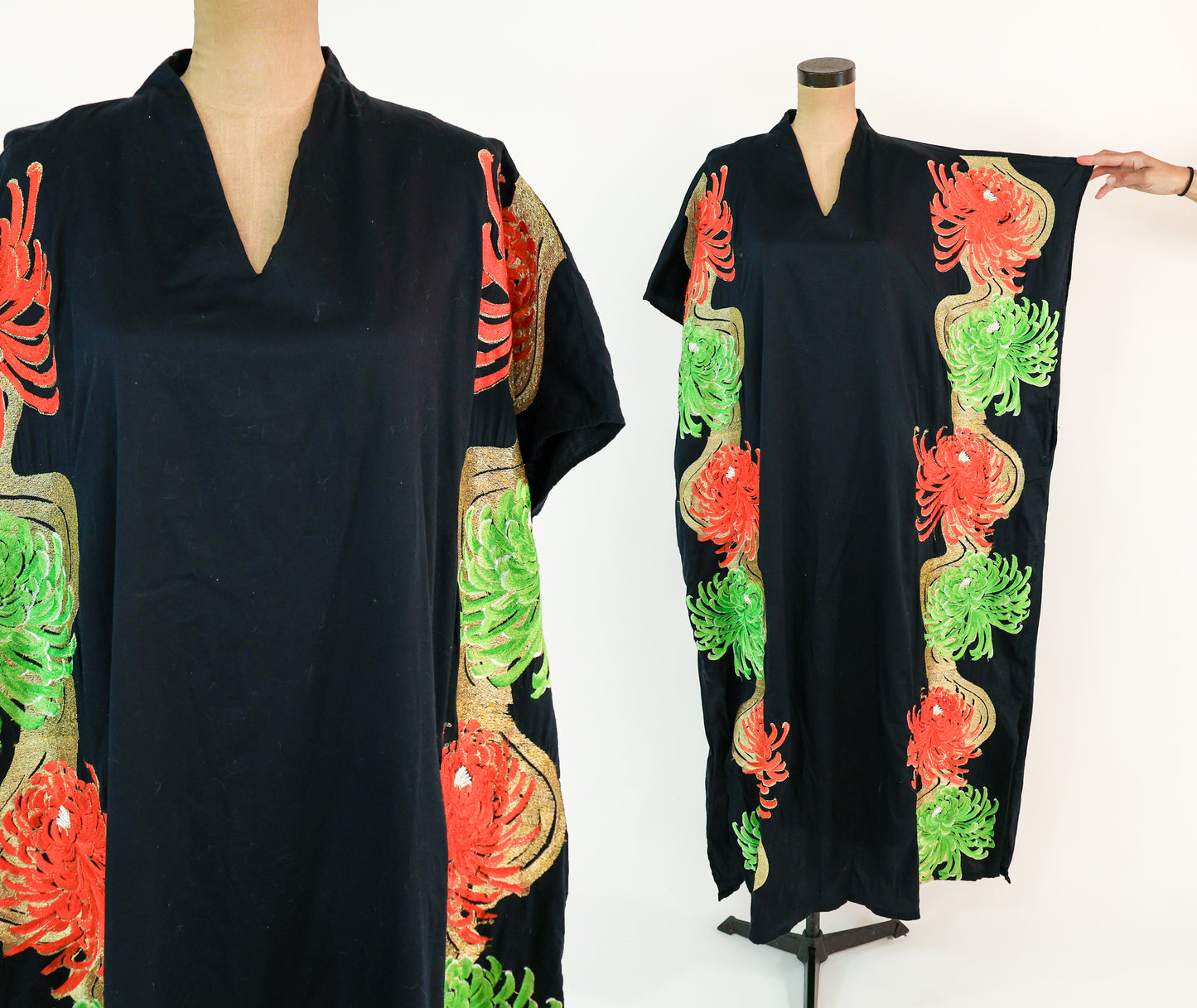 1990s Black & Metallic Orange Embroidered Caftan