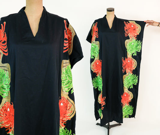 1990s Black & Metallic Orange Embroidered Caftan