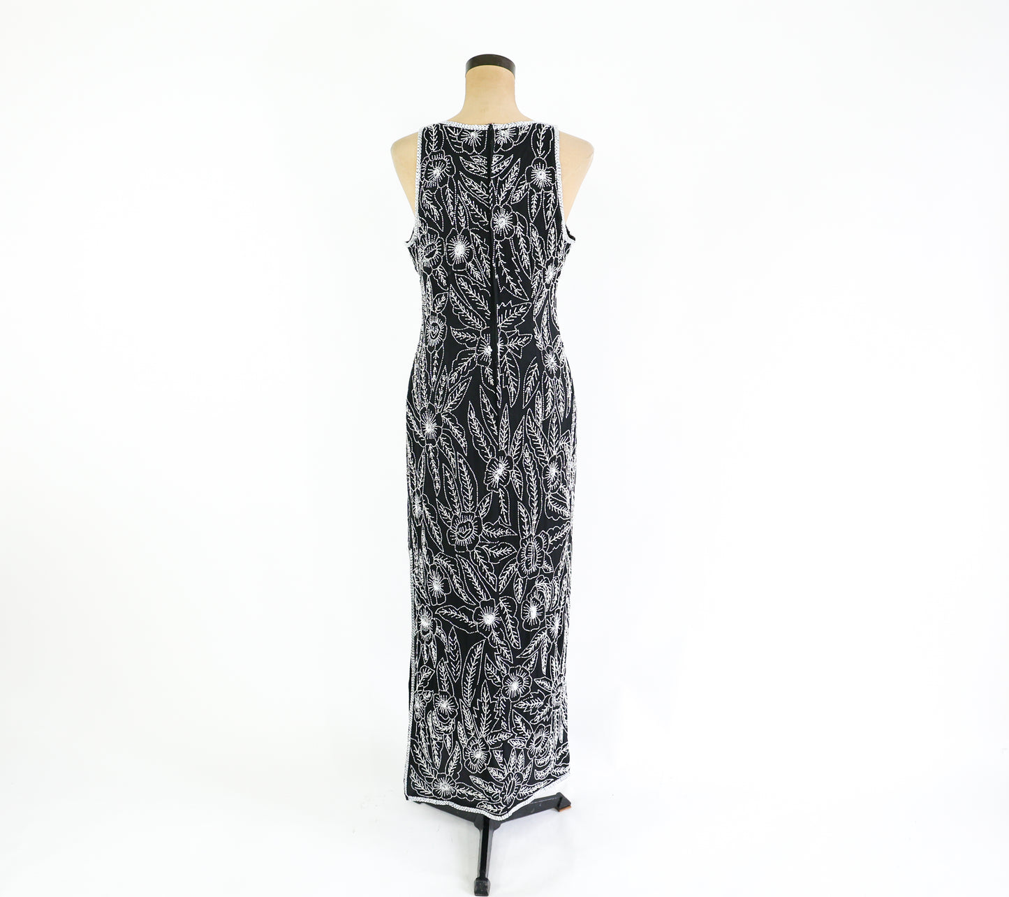 1990s Black White Beaded Dress