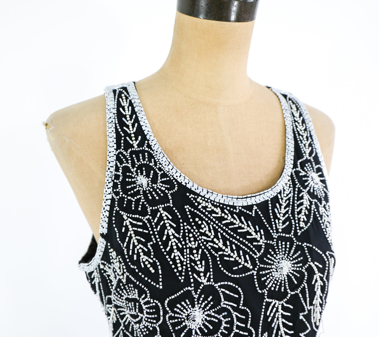 1990s Black White Beaded Dress