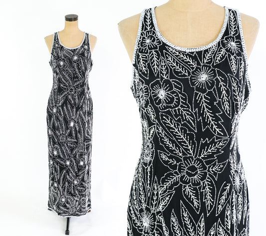 1990s Black White Beaded Dress