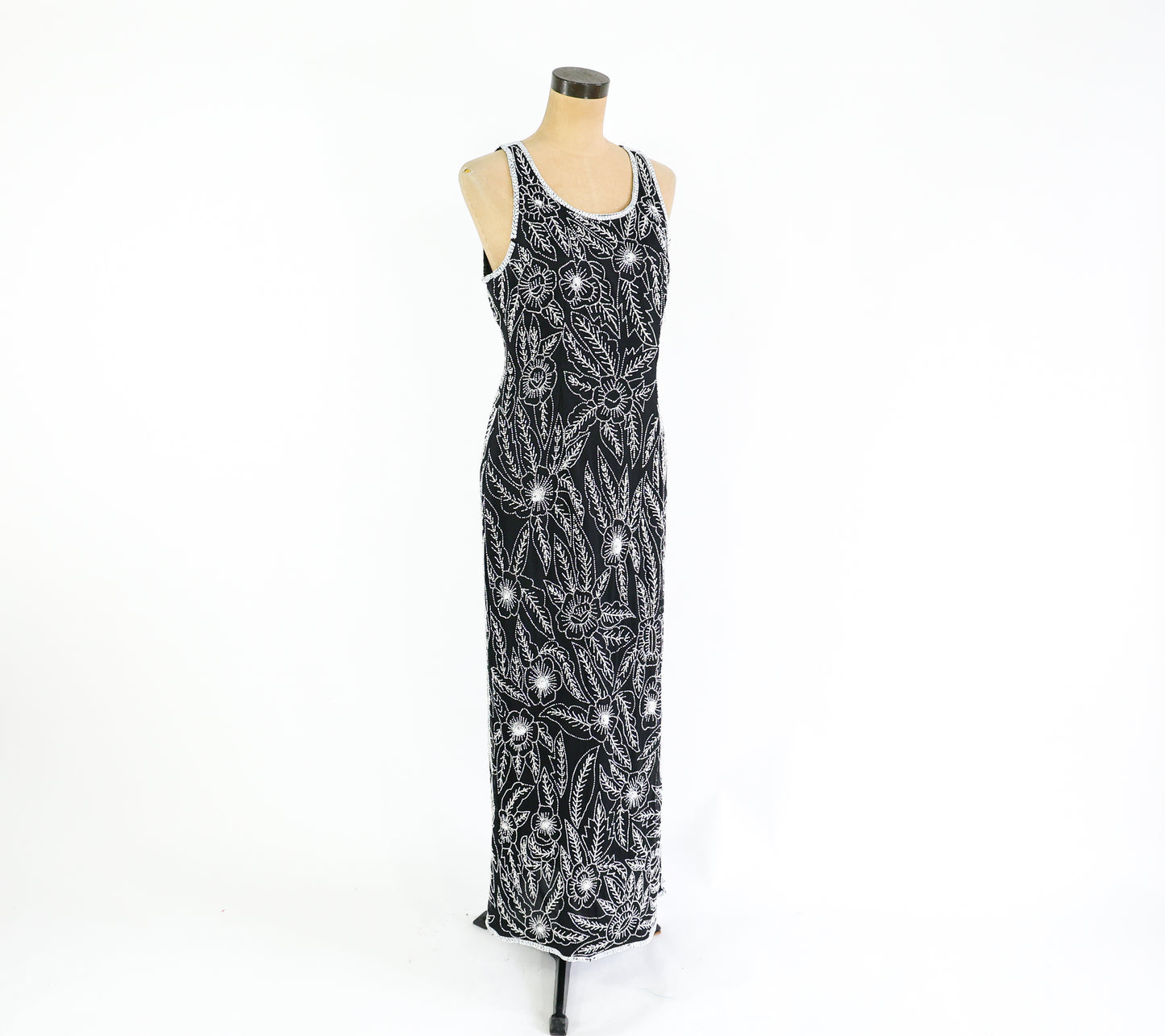 1990s Black White Beaded Dress