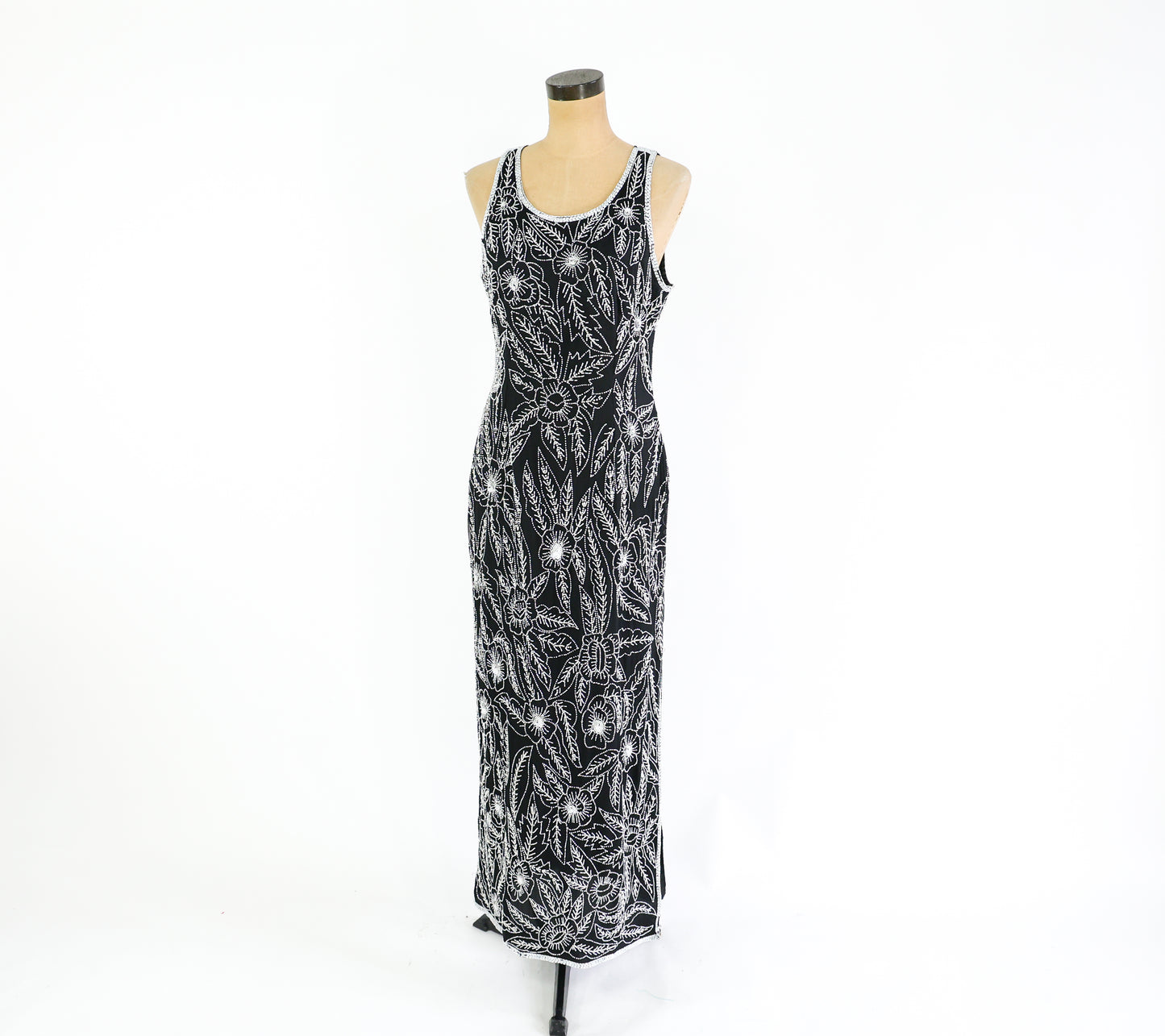 1990s Black White Beaded Dress