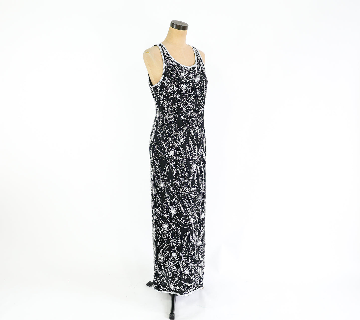 1990s Black White Beaded Dress