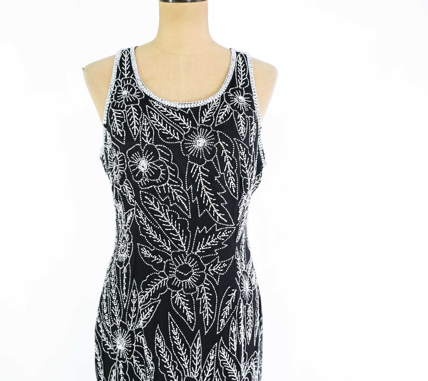 1990s Black White Beaded Dress