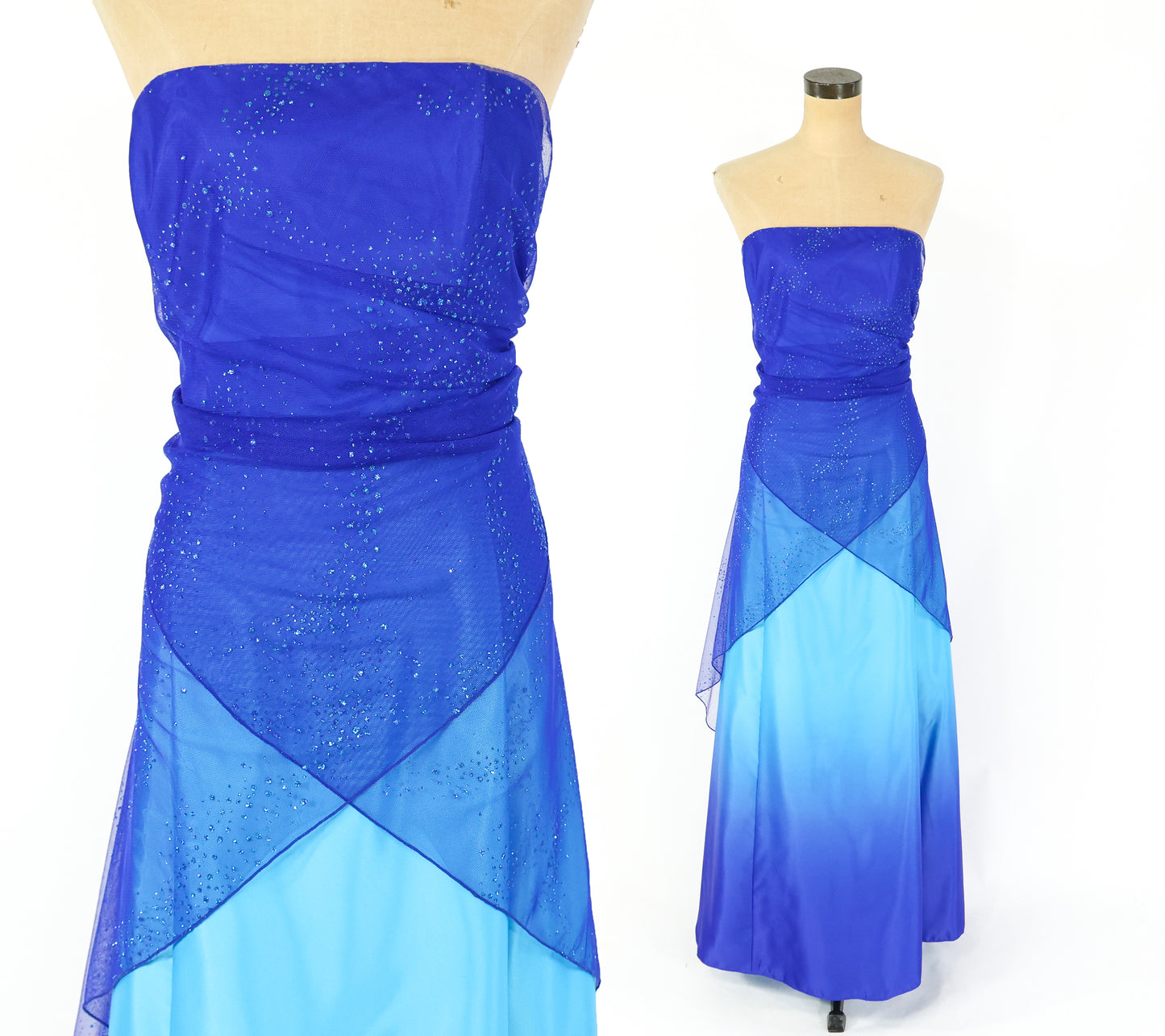 Plus Size 1990s Blue Glitter Prom Dress, XXL