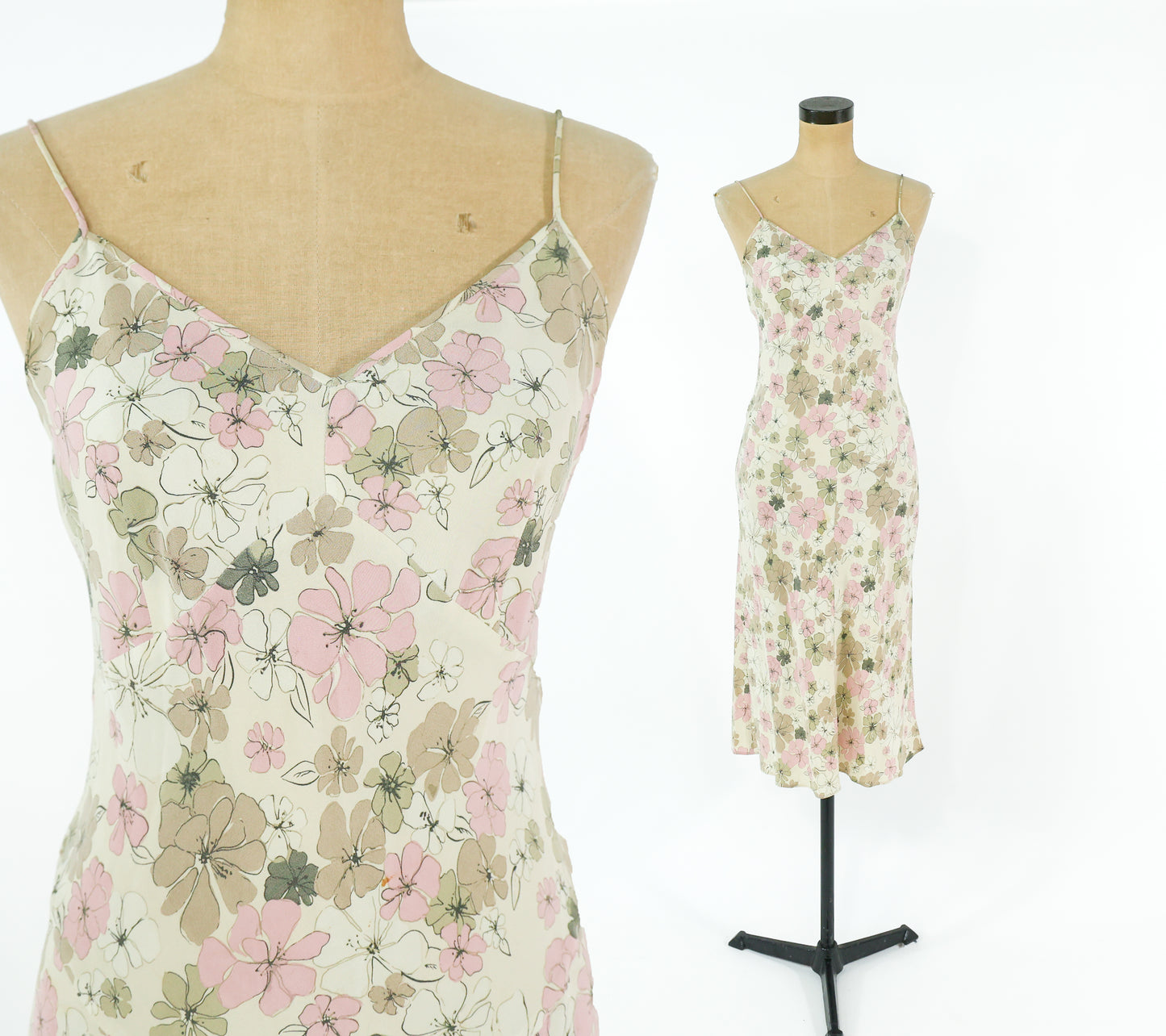 2000s Tan Floral Silk Slip Dress, J Crew Size 4