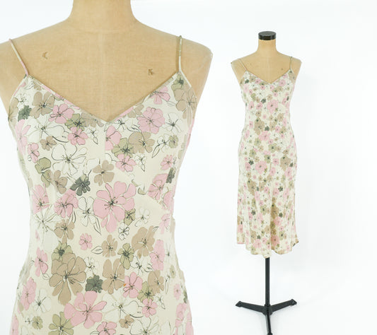 2000s Tan Floral Silk Slip Dress, J Crew Size 4