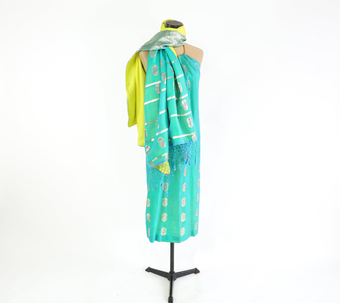 2000s Turquoise Gold Halter Dress Small