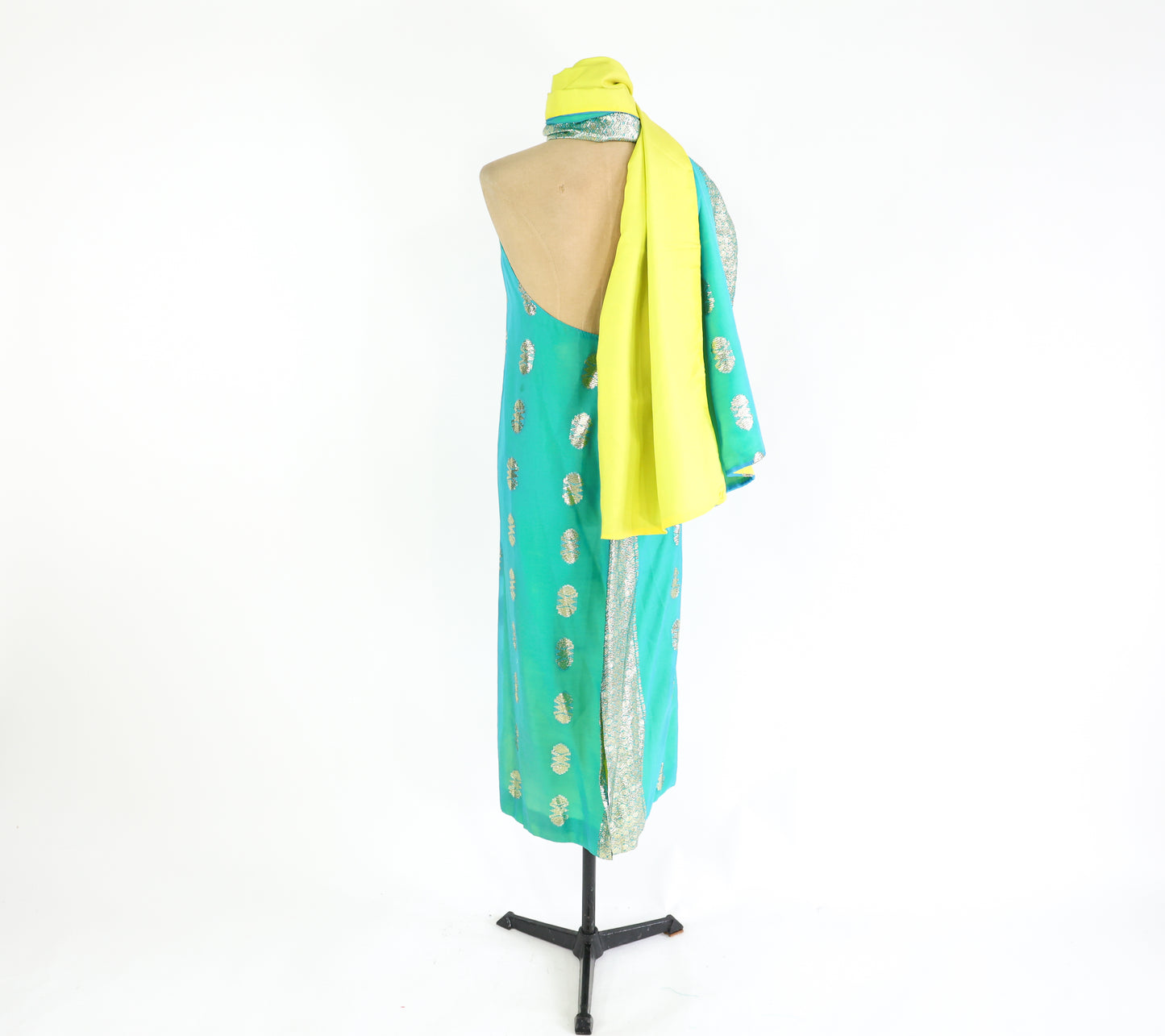 2000s Turquoise Gold Halter Dress Small