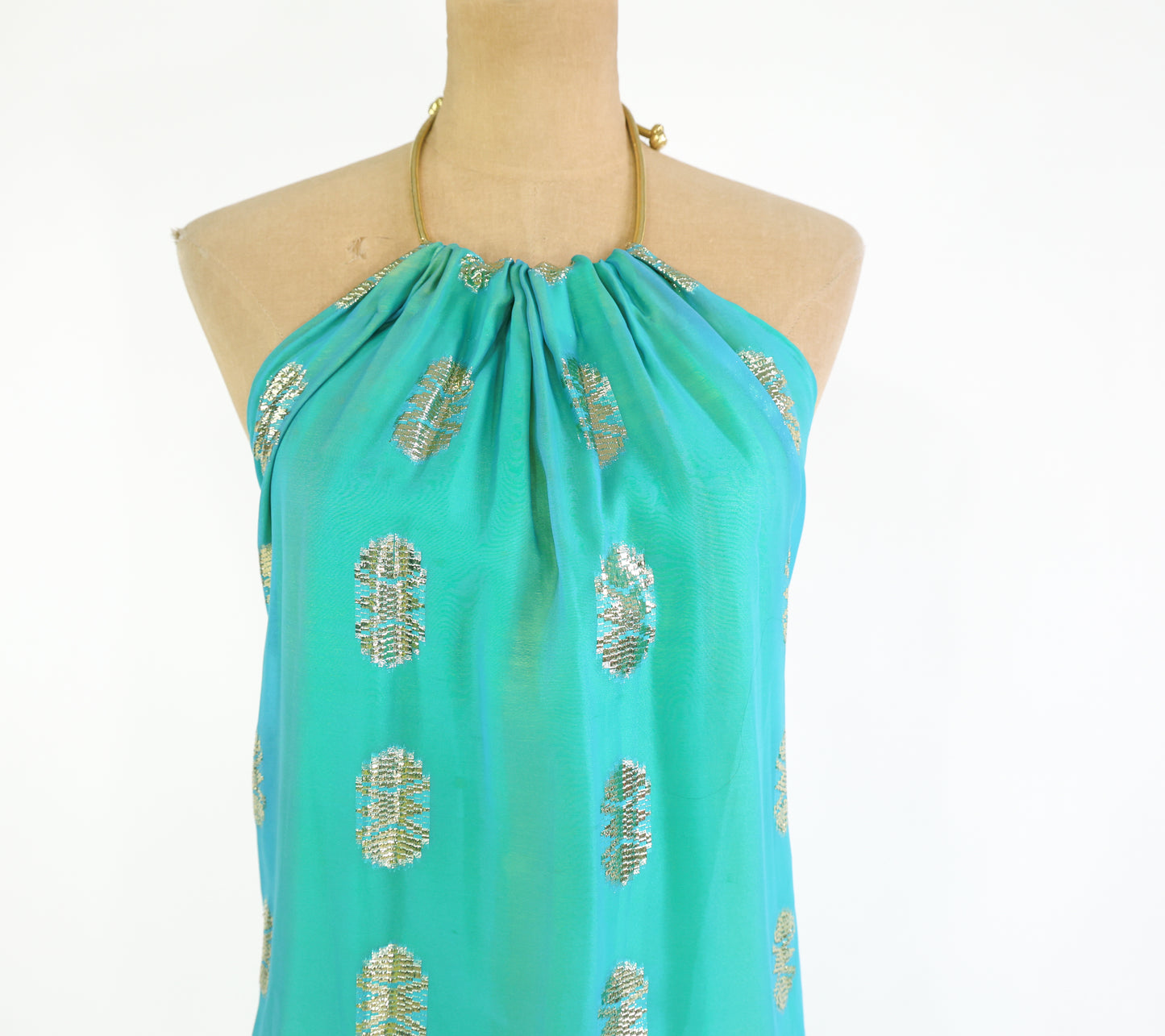 2000s Turquoise Gold Halter Dress Small