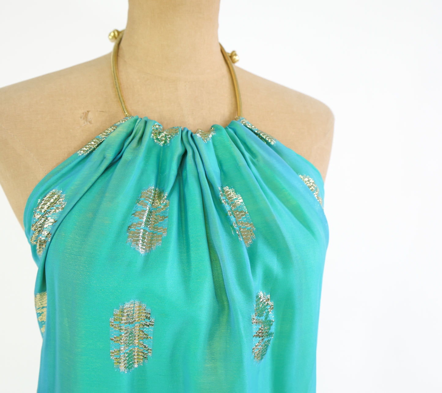 2000s Turquoise Gold Halter Dress Small
