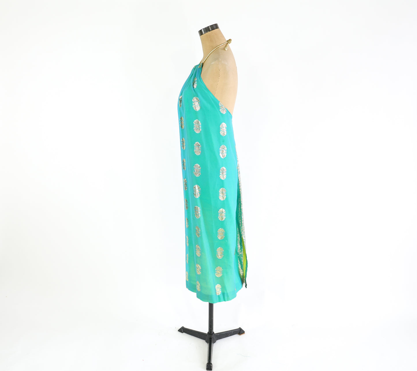 2000s Turquoise Gold Halter Dress Small