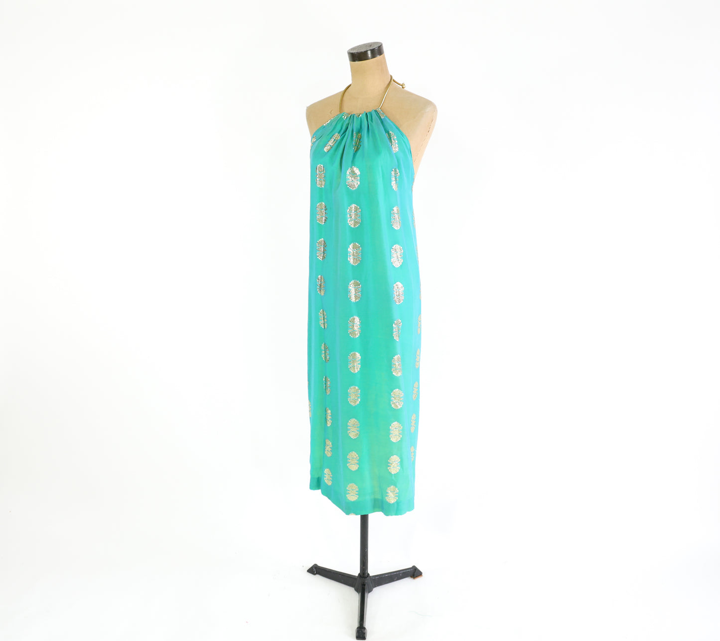2000s Turquoise Gold Halter Dress Small