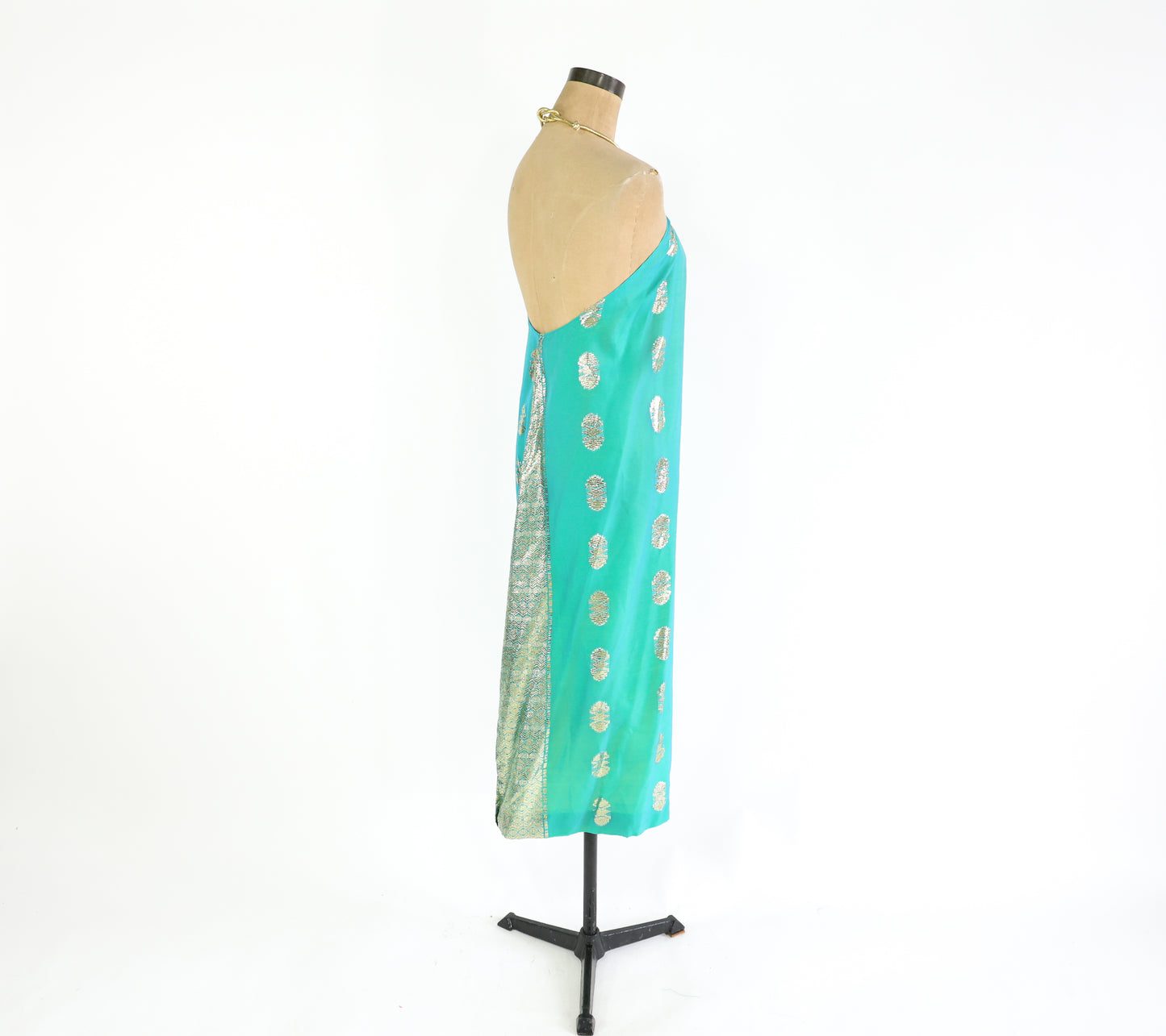 2000s Turquoise Gold Halter Dress Small