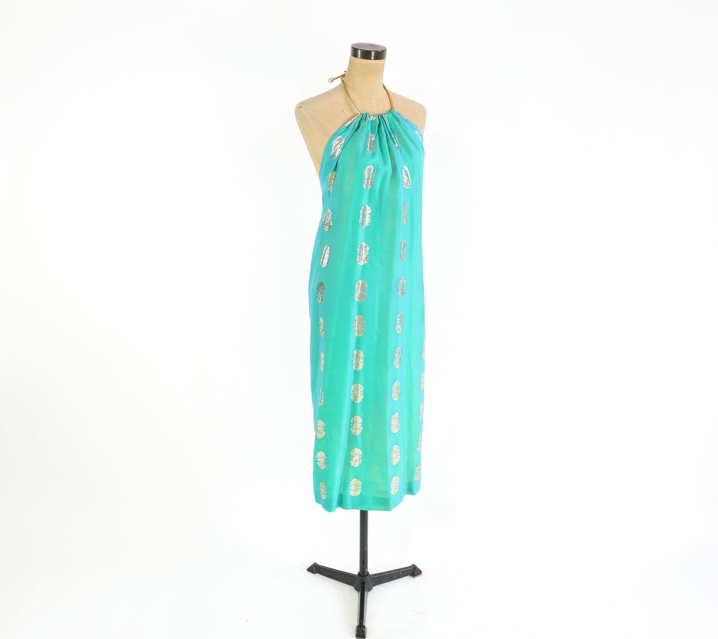 2000s Turquoise Gold Halter Dress Small