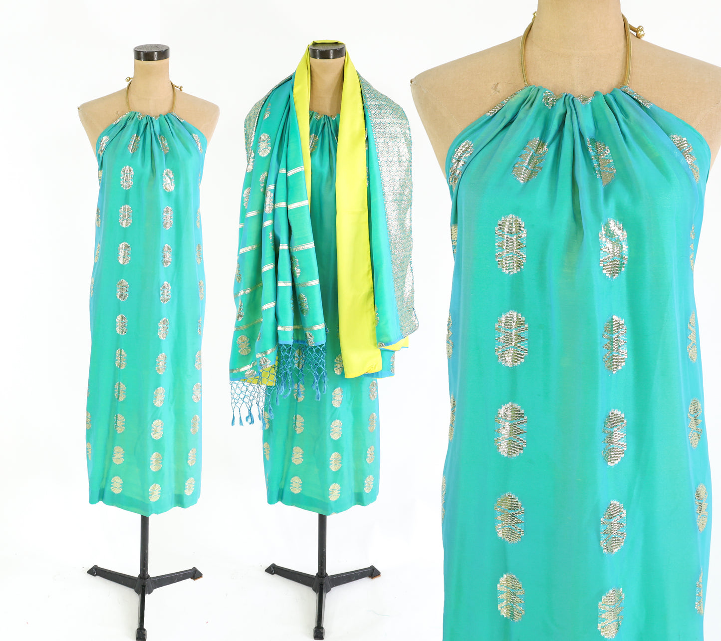 2000s Turquoise Gold Halter Dress Small