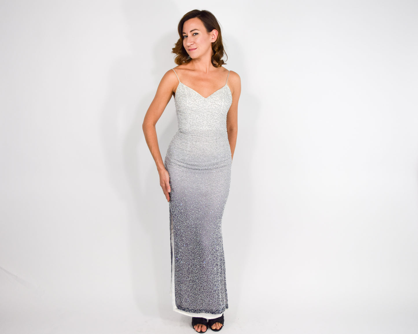 1990s Gray Beaded Evening Dress | Ombre Grey Silk Slip Dress | Extra Small