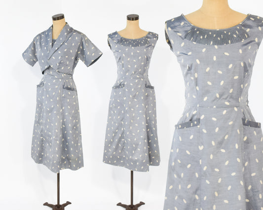 1940s Silver Dotted Dress & Jacket Set, Small
