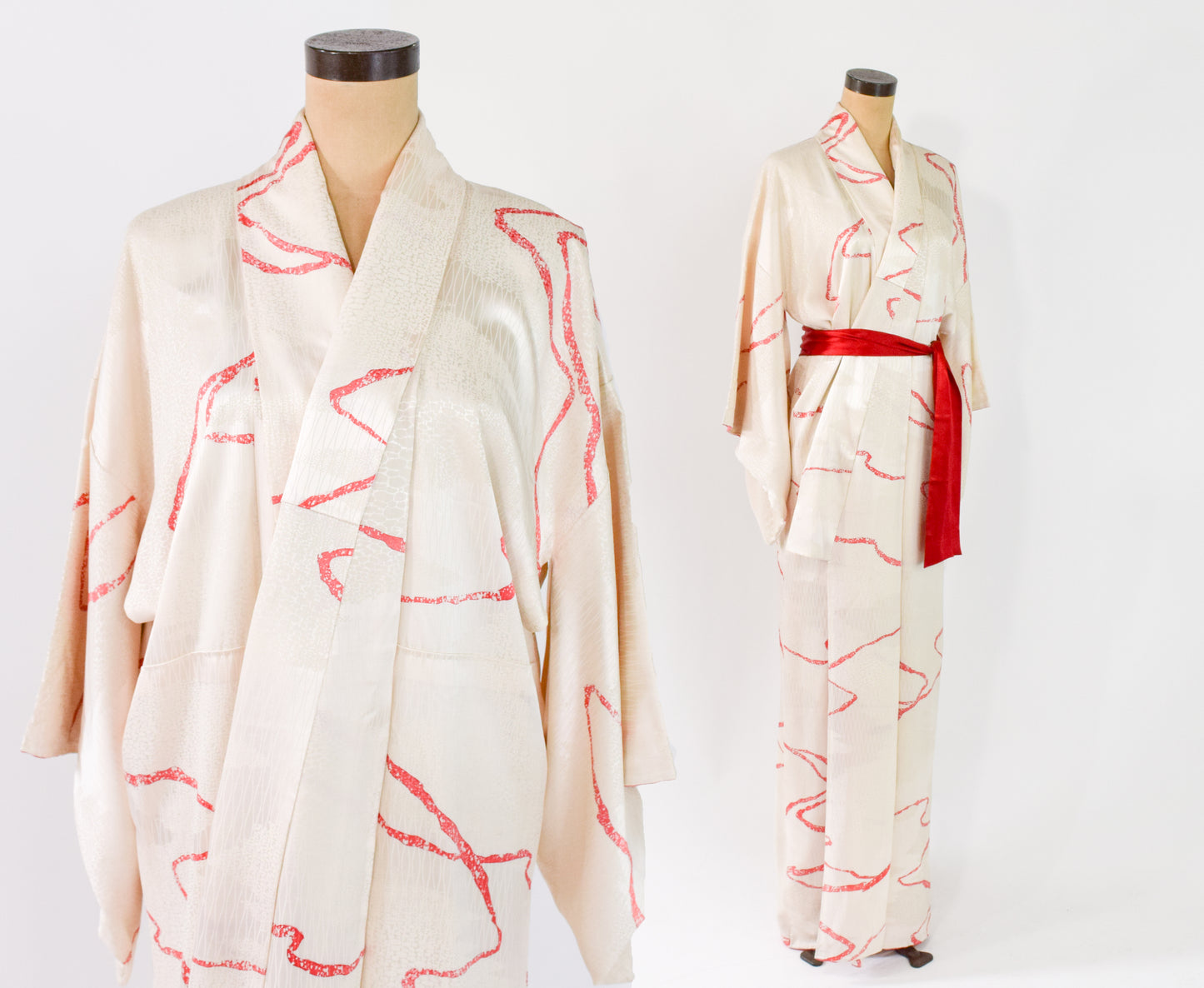 Vintage Kimono White Print Silk