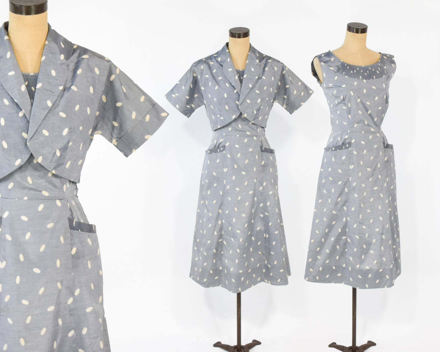 1940s Silver Dotted Dress & Jacket Set, Small