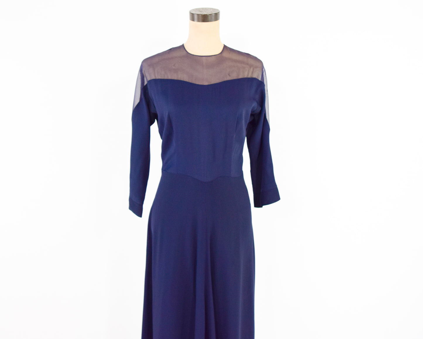 1940s Navy Crepe Evening Dress, Illusion Neckline Dress, Medium