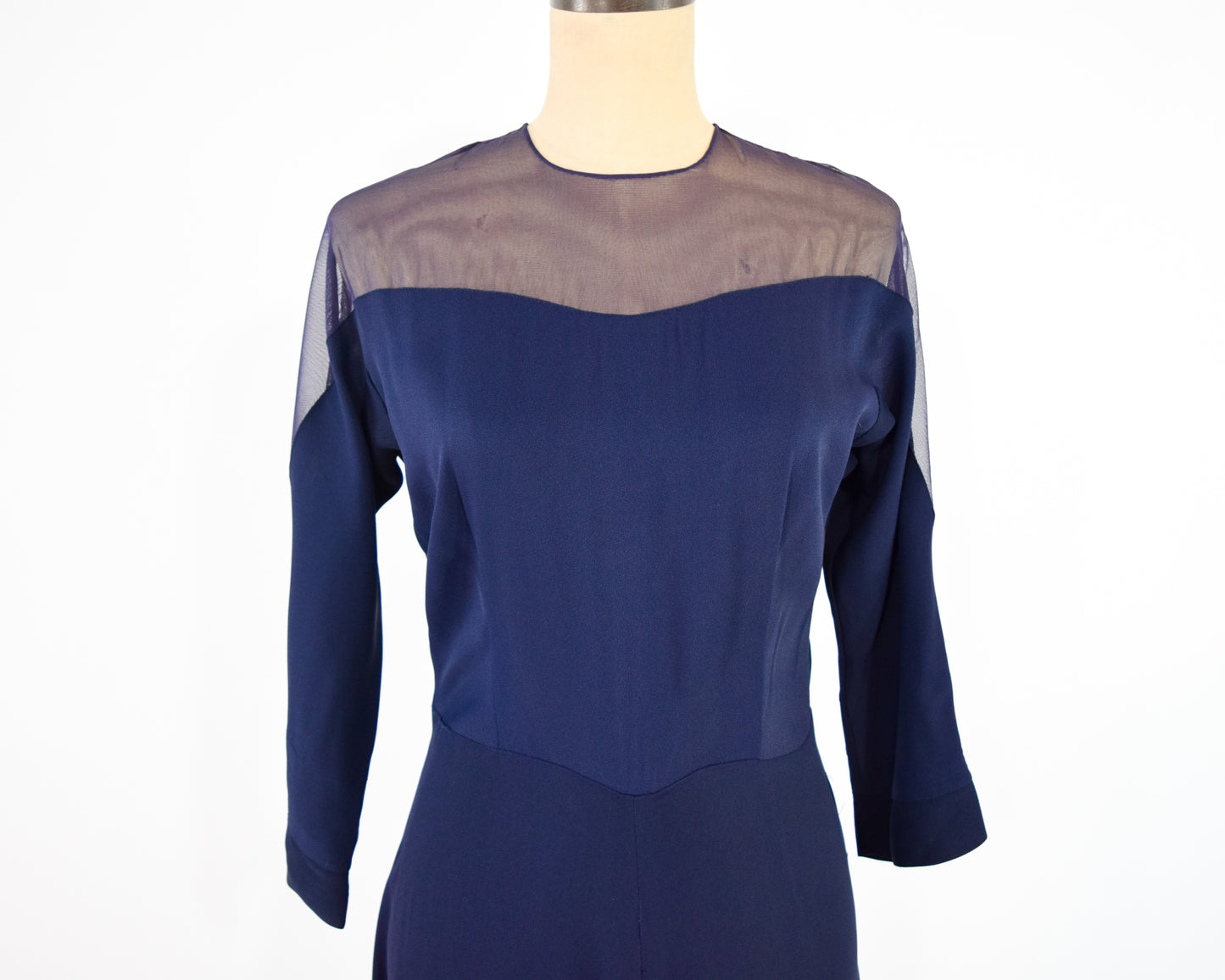 1940s Navy Crepe Evening Dress, Illusion Neckline Dress, Medium