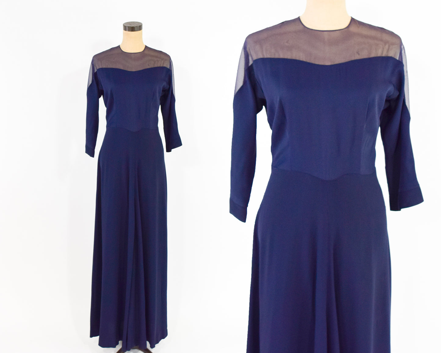 1940s Navy Crepe Evening Dress, Illusion Neckline Dress, Medium