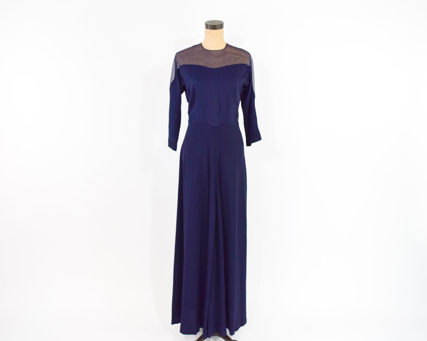 1940s Navy Crepe Evening Dress, Illusion Neckline Dress, Medium