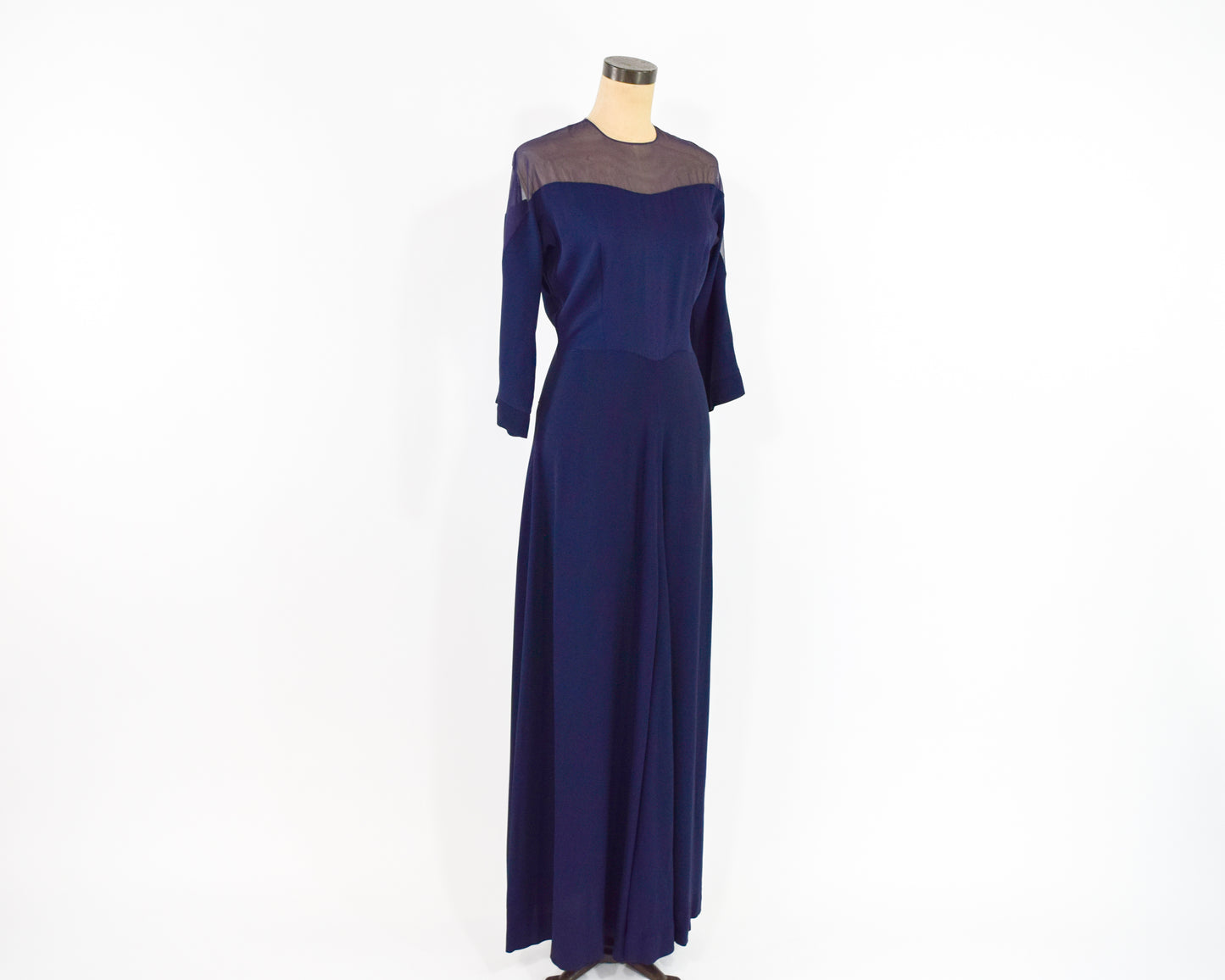 1940s Navy Crepe Evening Dress, Illusion Neckline Dress, Medium