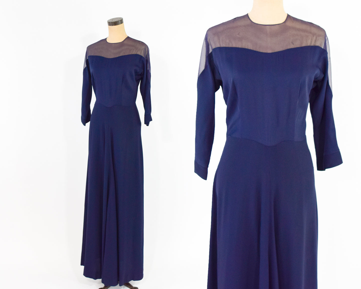 1940s Navy Crepe Evening Dress, Illusion Neckline Dress, Medium