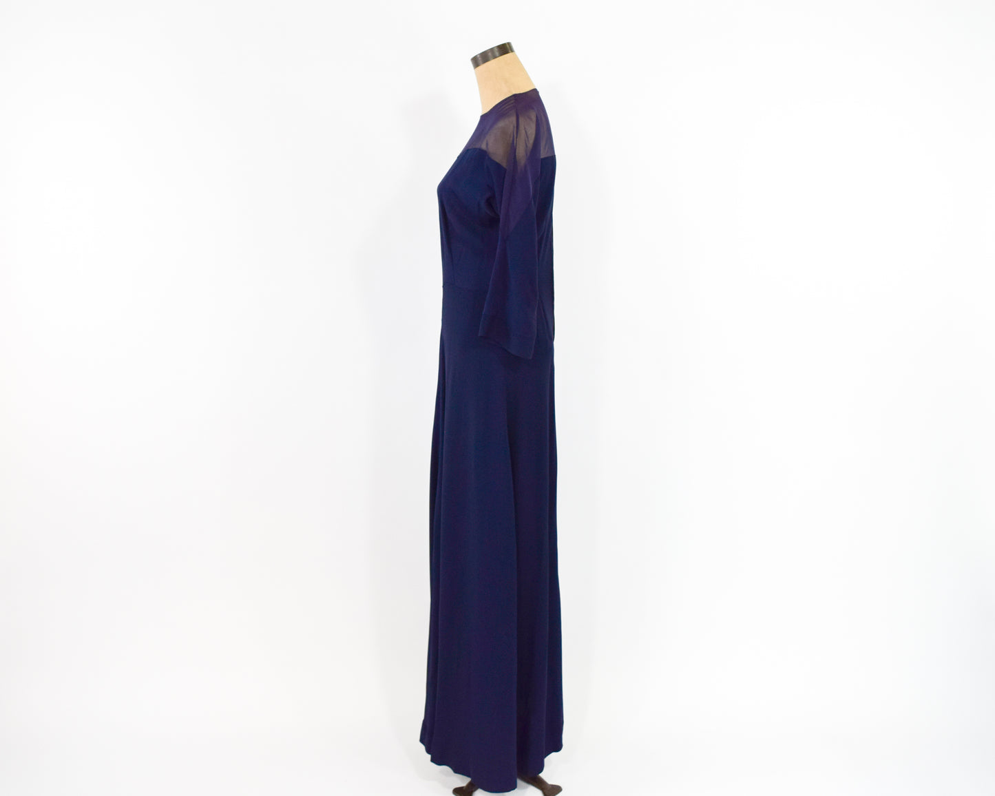 1940s Navy Crepe Evening Dress, Illusion Neckline Dress, Medium