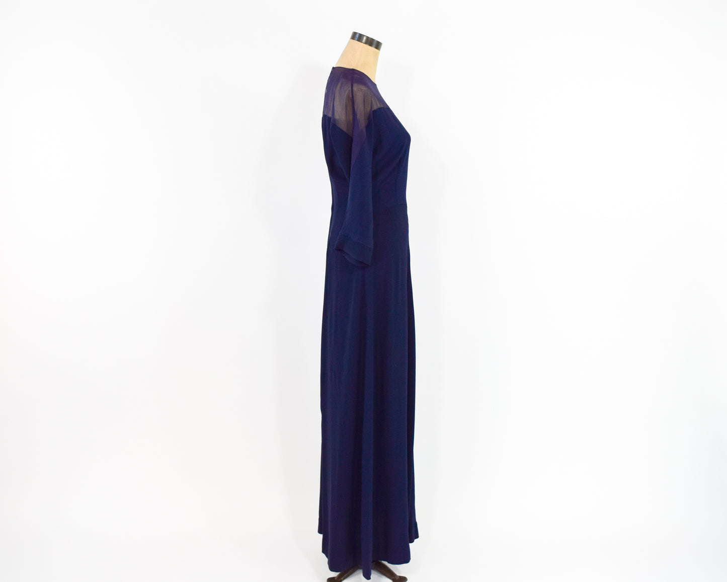 1940s Navy Crepe Evening Dress, Illusion Neckline Dress, Medium