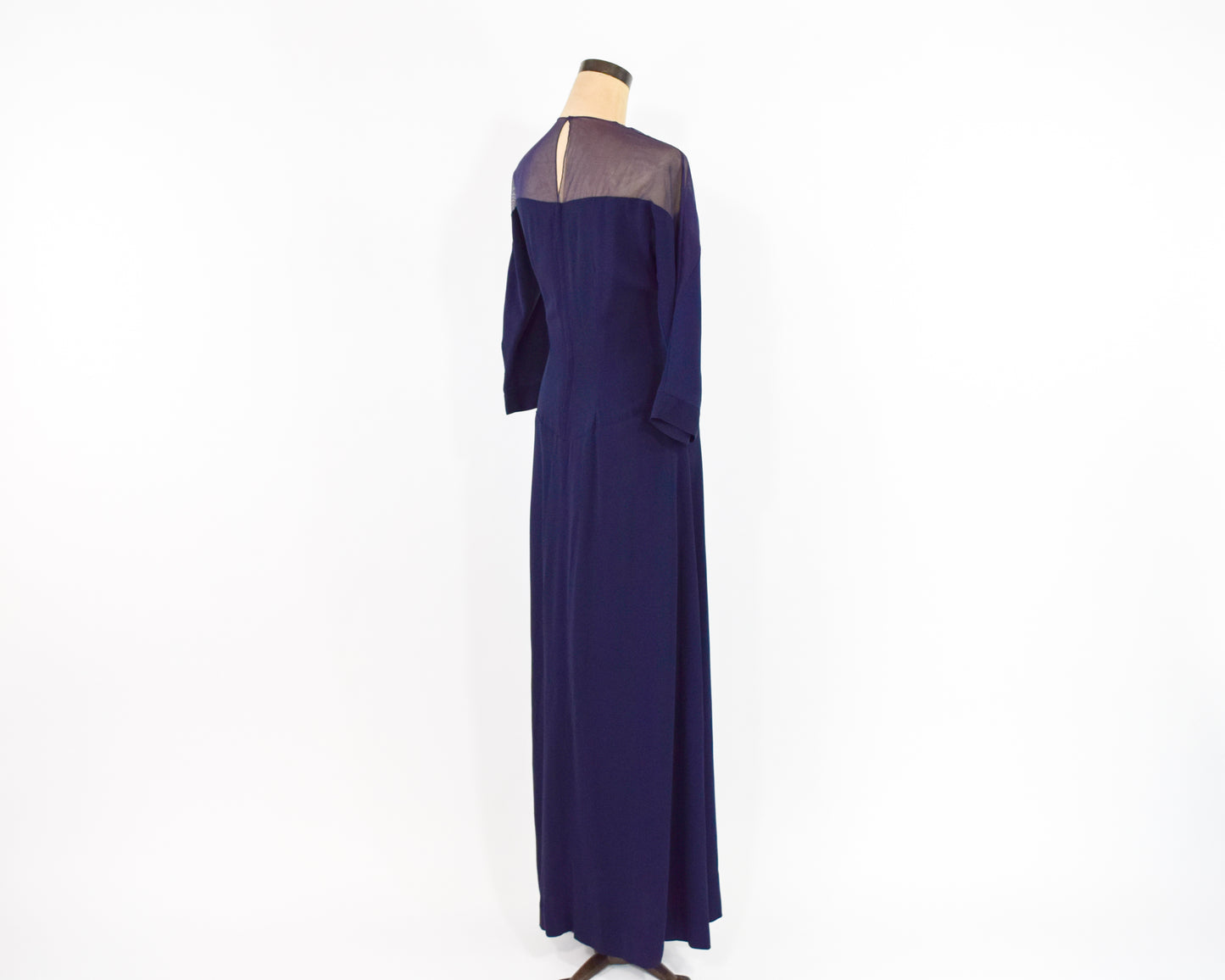 1940s Navy Crepe Evening Dress, Illusion Neckline Dress, Medium