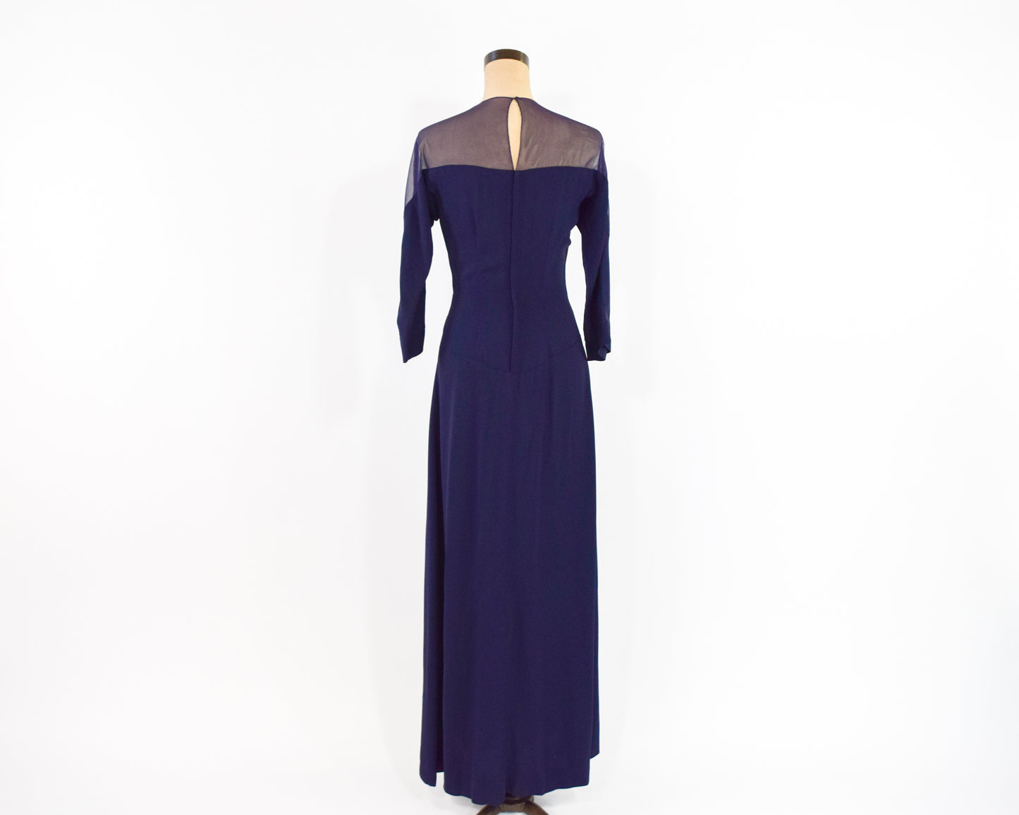 1940s Navy Crepe Evening Dress, Illusion Neckline Dress, Medium