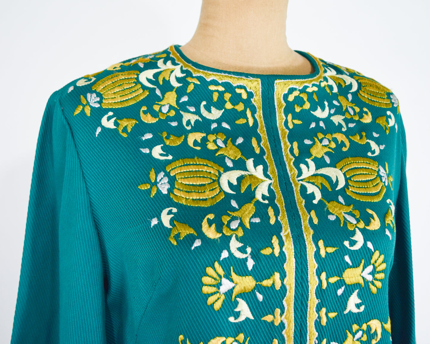 1960s Green Embroidered Caftan Dress, Medium