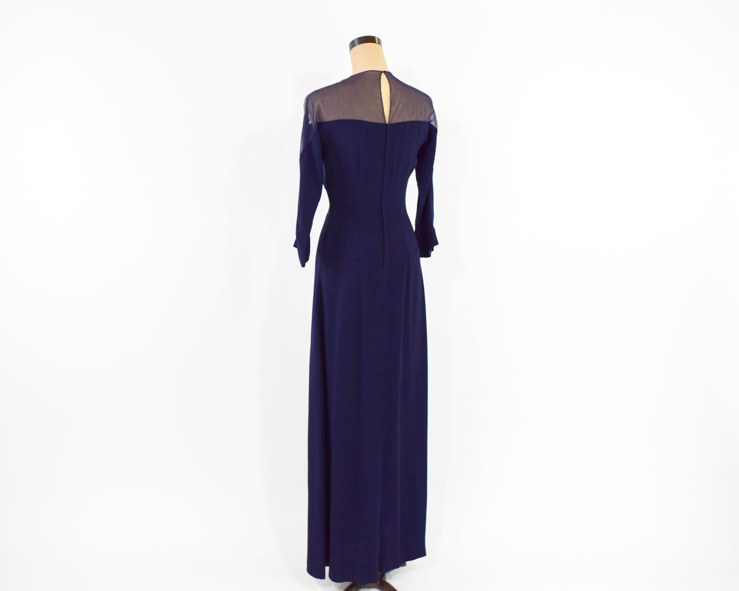 1940s Navy Crepe Evening Dress, Illusion Neckline Dress, Medium