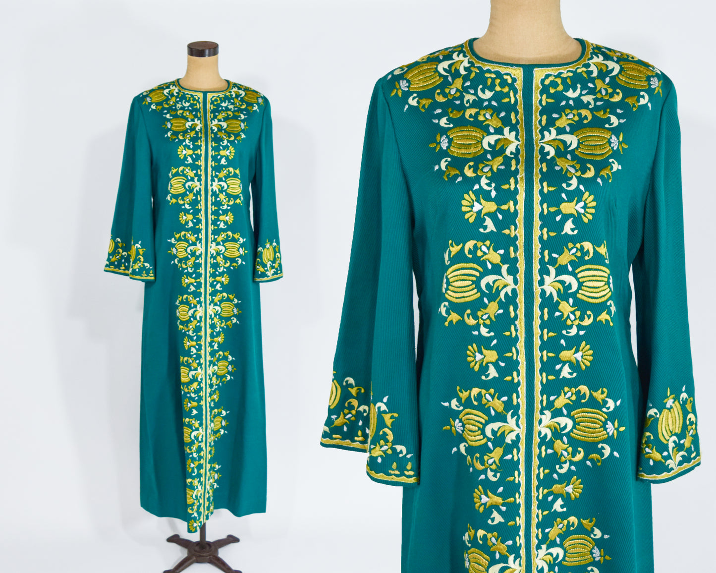 1960s Green Embroidered Caftan Dress, Medium