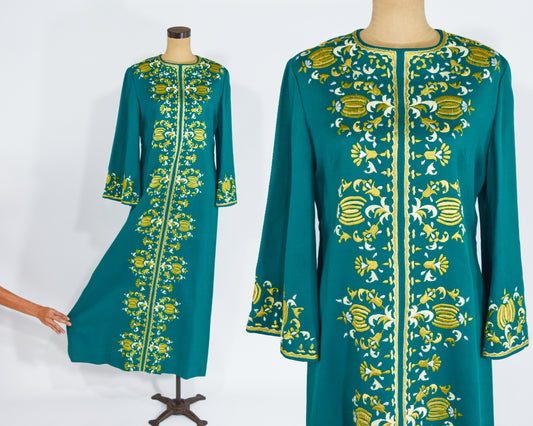 1960s Green Embroidered Caftan Dress, Medium
