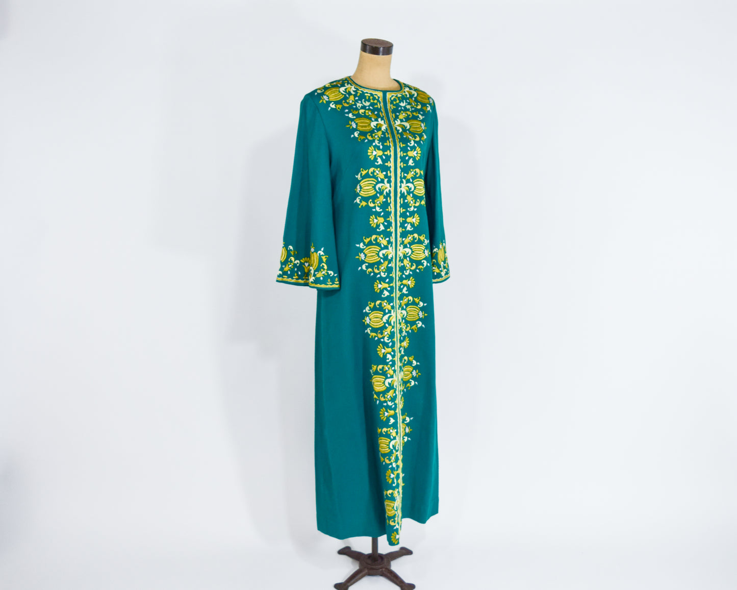 1960s Green Embroidered Caftan Dress, Medium