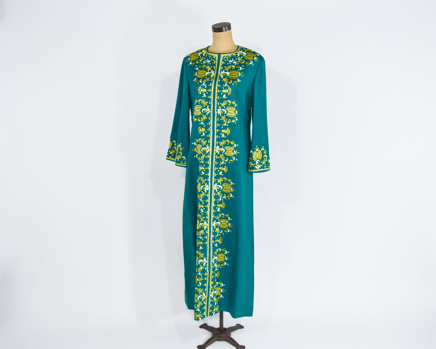 1960s Green Embroidered Caftan Dress, Medium