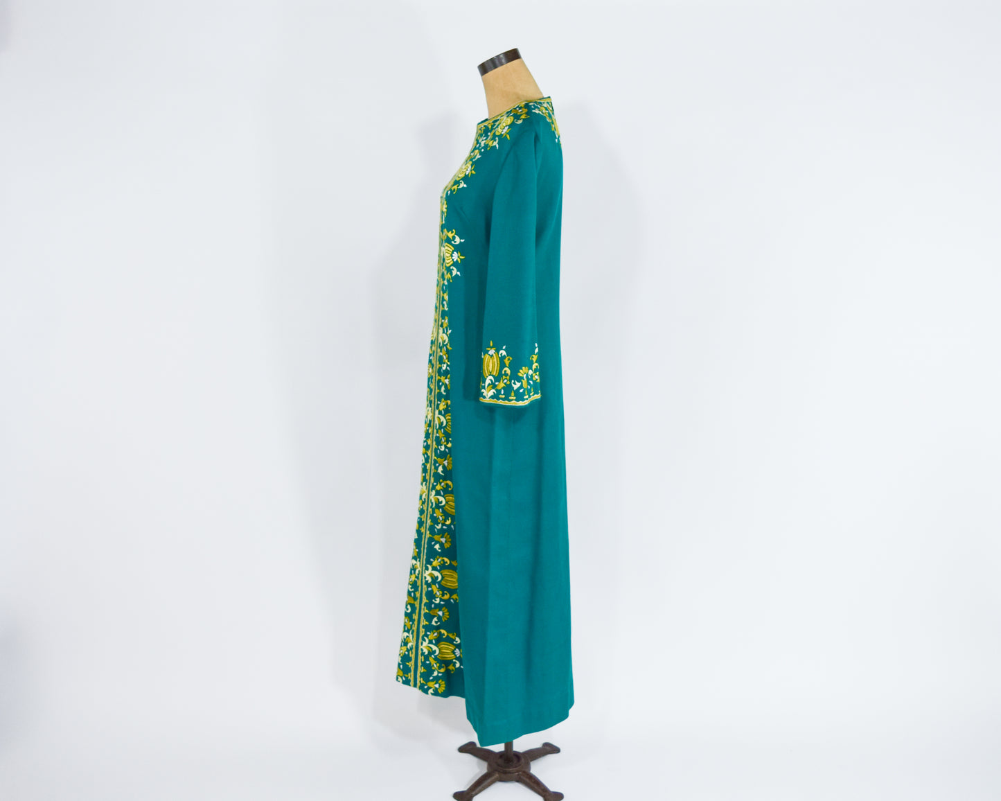 1960s Green Embroidered Caftan Dress, Medium