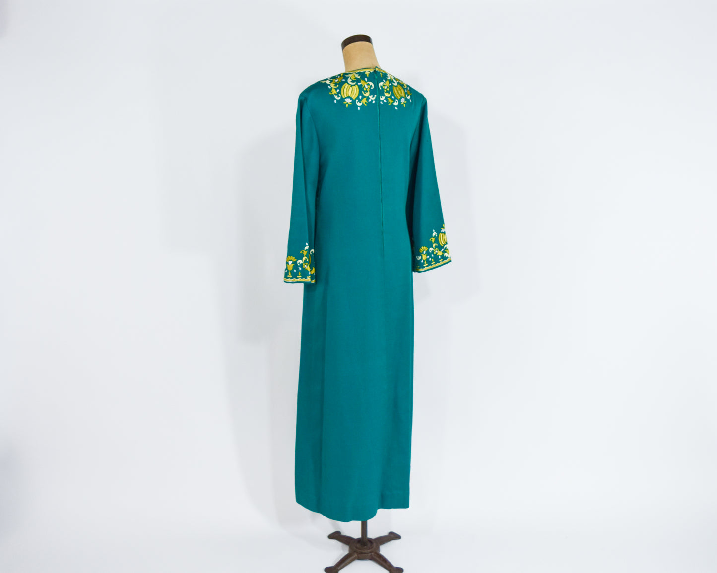 1960s Green Embroidered Caftan Dress, Medium