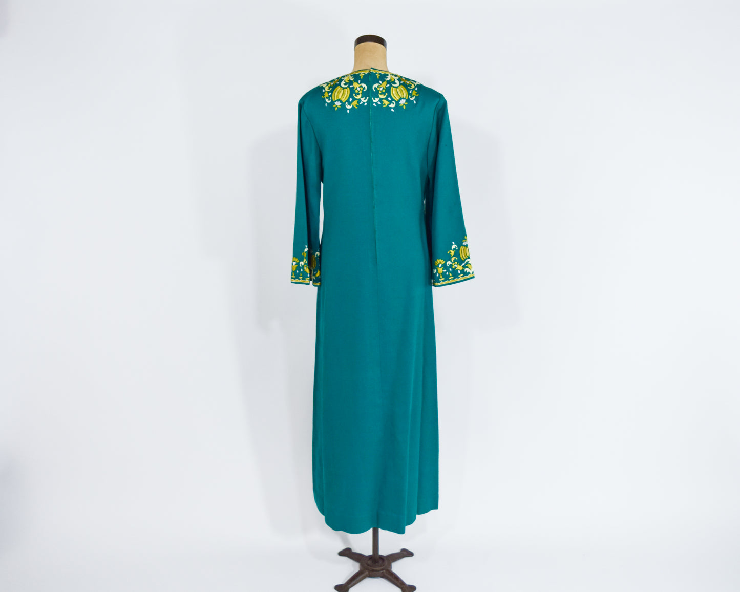 1960s Green Embroidered Caftan Dress, Medium
