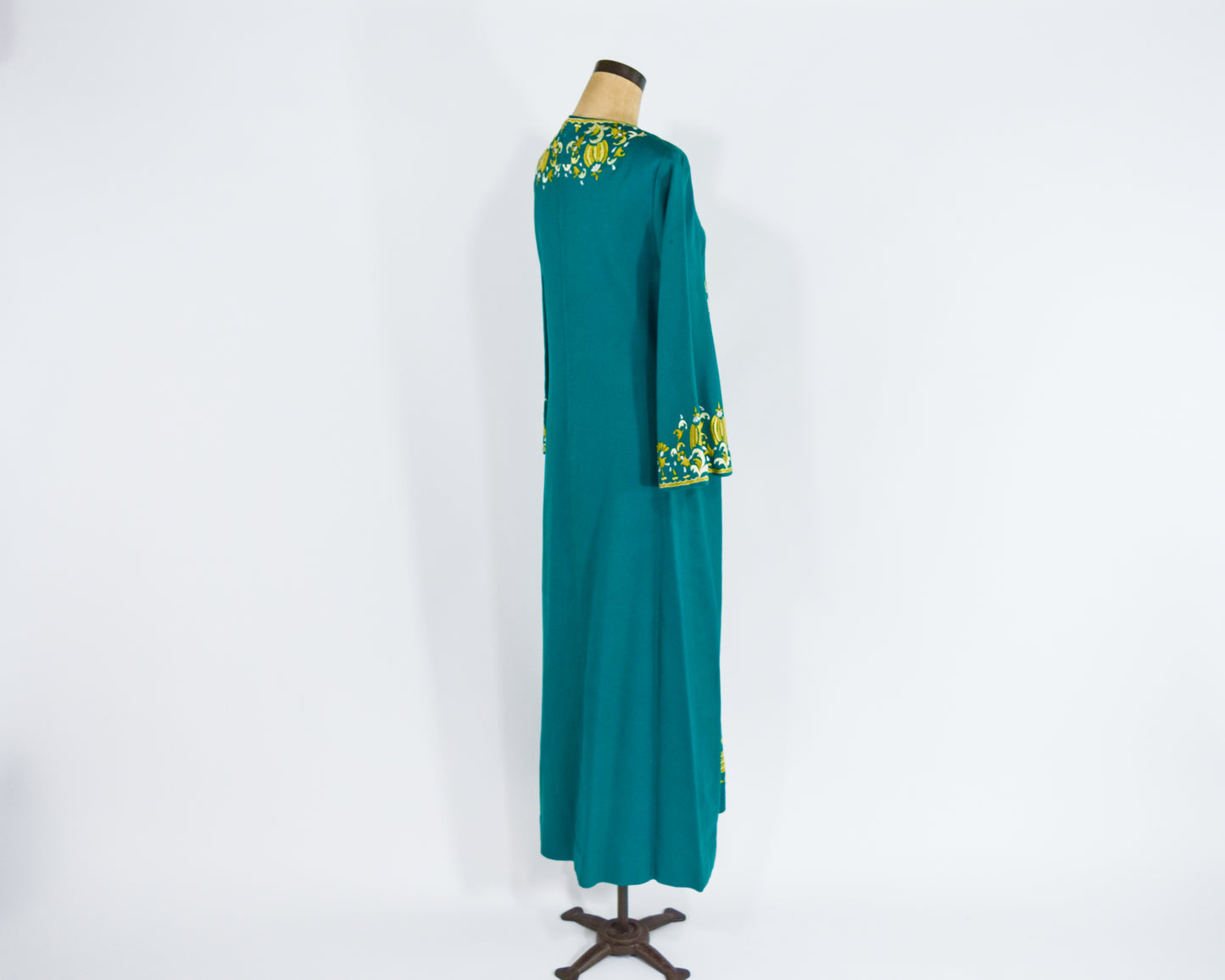 1960s Green Embroidered Caftan Dress, Medium